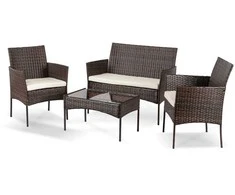 Grandininis pjūklas MISSISIPI rudos/smėlinės spalvos sodo baldų komplektas: sofa, kėdės, terasos stalas, technoratanas, modernus
