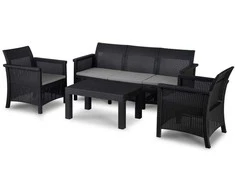 Grandininis pjūklas SAVIO sodo baldų komplektas, juoda sofa, 2 foteliai, terasos stalas, modernus technoratanas