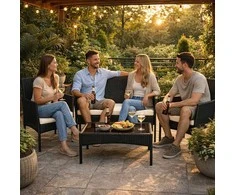 Sodo baldų komplektas iš technoratano, suolas, stalas, kėdės, juodas „MultiGarden“