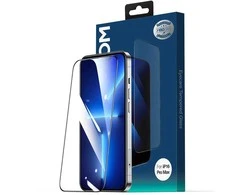 Grūdintas stiklas “ 2.5D, apsauga nuo mėlynos šviesos ir dulkių, juodas rėmelis, skirtas iPhone 15 Plus / 16 Plus“