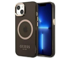 Guess GUHMP13MHTCMK Apple iPhone 13 / 14 / 15 6.1″ juodos spalvos kietas dėklas Gold Outline Translucent MagSafe