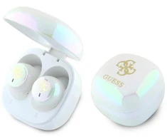 Guess belaidės ausinės GUTWSJ144ESH TWS su įkrovimo stotele baltos/baltos, vaivorykštinės su 4G spausdintu logotipu