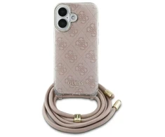 Guess GUHCP16SHC4SEP Apple iPhone 16 6.1″ rožinės spalvos kietas dėklas Crossbody Cord 4G Print