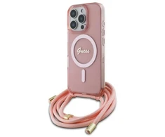 Guess GUHMP16XHCTSGNSP Apple iPhone 16 Pro Max 6.9″ rožinės spalvos kietas dėklas Crossbody Cord Script MagSafe