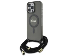 Guess GUHMP16XHCTSGNSK Apple iPhone 16 Pro Max 6.9″ juodos spalvos kietas dėklas Crossbody Cord Script MagSafe