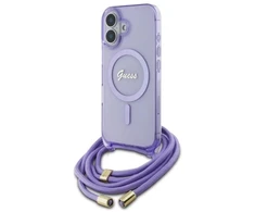 Guess GUHMP16SHCTSGNSU Apple iPhone 16 6.1″ violetinės spalvos kietas dėklas Crossbody Cord Script MagSafe