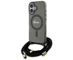 Guess GUHMP16SHCTSGNSK Apple iPhone 16 6.1″ juodos spalvos kietas dėklas Crossbody Cord Script MagSafe
