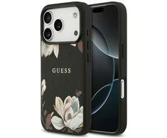 Guess Grained Flowers Classic Logo MagSafe dėklas skirtas Apple iPhone 17 Pro juodos spalvos