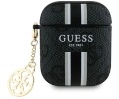 Guess GUA2P4RPSK dėklas AirPods 1/2 juodas/juodas su 4G spausdintomis juostelėmis Charm