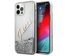 Guess GUHCP12LGLVSSI Apple iPhone 12 Pro Max 6,7″ sidabrinis kietas dėklas Glitter Vintage Script