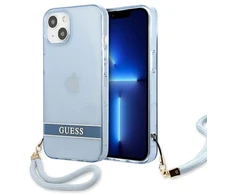Guess GUHCP13MHTSGSB Apple iPhone 13 / 14 / 15 6.1" mėlynas kietas dėklas su permatomu dirželiu