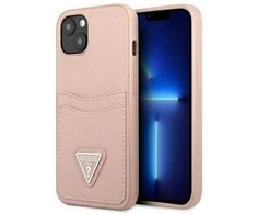 Guess GUHCP13MPSATPP iPhone 13 6.1 rožinė / rožinė deklas SaffianoTriangle logotipo kortelių lizdas