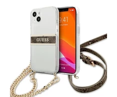 „Guess“ GUHCP13SKC4GBGO Apple iPhone 13 mini 5,4" skaidrus kietas dėklas 4G rudos spalvos dirželis auksinis grandinėlė