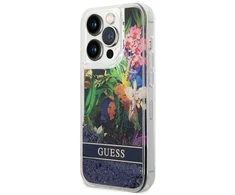 Guess GUHCP14LLFLSB iPhone 14 Pro 6.1 "mėlynas / mėlynas kietas dėklas su gėlių skystais blizgučiais"