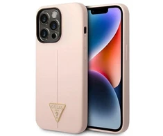 Guess GUHCP14LSLTGP iPhone 14 Pro 6,1 colio eilinis/rožinis kietas dėklas, silikoninis trikampis