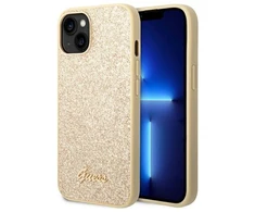 Guess GUHCP14SHGGSHD Apple iPhone 14 / 15 / 13 6.1″ auksinis kietas dėklas Glitter Script