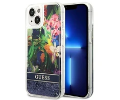 Guess GUHCP14SLFLSB Apple iPhone 14 / 15 / 13 6.1″ mėlynas kietas dėklas Flower Liquid Glitter