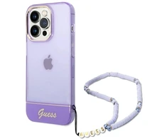 Guess GUHCP14XHGCOHU Apple iPhone 14 Pro Max 6,7" violetinis kietas dėklas su permatomu perlų dirželiu