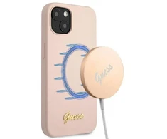 Guess GUHMP13MLSLMGLP Apple iPhone 13 / 14 /15 6,1″ light rožinės spalvos kietas dėklas Silicone Script Gold Logo Magsaf