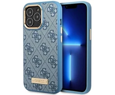 Apple iPhone 14 Pro Guess Dėklas 4G Logo Plate MagSafe mėlynos spalvos