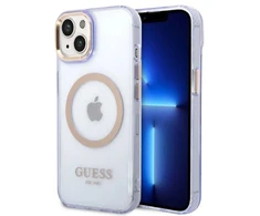 Guess GUHMP14SHTCMU Apple iPhone 14 / 15 / 136.1″violetinės spalvos kietas dėklas Gold Outline Translucent MagS