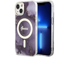 Guess GUHMP14SHTMRSU Apple iPhone 14 / 15 / 13 6.1″ violetinės spalvos kietas dėklas Golden Marble MagSafe