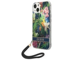 Guess GUOHCP14SHFLSB Apple iPhone 14 / 15 / 13 6.1" mėlynas kietas dėklas su gėlių formos dirželiu