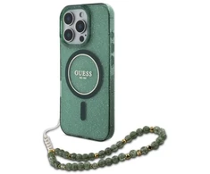 Guess IML Glitter With Pearl Strap MagSafe - dėklas skirtas Apple iPhone 16 Pro Max Žalias