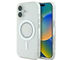 Guess GUHMP16MPFTDTEH Apple iPhone 16 Plus 6.7″ baltos spalvos kietas dėklas IML Rhinestones MagSafe