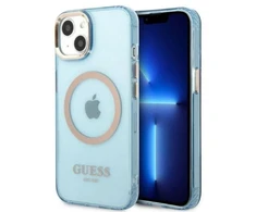 Guess GUHMP13MHTCMB Apple iPhone 13 / 14 / 15 6.1″ mėlynas kietas dėklas Gold Outline Translucent MagSaf
