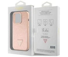 Guess iPhone 15 Pro Max rausvas/rožinis deklas Croco Triangle Metal Logo