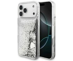 Guess Liq. Glitter Charms dėklas skirtas Apple iPhone 17 Pro Max sidabro spalvos