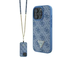 Guess GUHCP16LP4TDSCPB Apple iPhone 16 Pro 6.3″ mėlynas kietas dėklas Leather Metal Logo Strass Crossbody