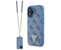 Guess GUHCP16SP4TDSCPB iPhone 16 6,1 col. mėlynas kietas dėklas su odos metalo logotipu ir „Strass" crossbody dirželiu