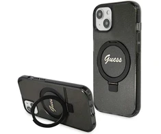 Guess GUHMP14SHRSGSK Apple iPhone 14 / 15 / 13 6.1″ juodos spalvos kietas dėklas Ring Stand Script Glitter MagSafe