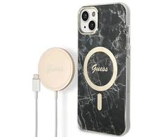 Rinkinys Guess GUBPP14SHMEACSK Case+ Charger iPhone 14 6,1" juodas/juodas kietas dėklas Marble MagSafe