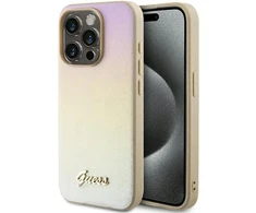 Guess GUHCP14XPSAIRSD Apple iPhone 14 Pro Max 6.7″ auksinis kietas dėklas Saffiano Iridescent Script