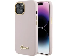 Guess GUHCP15SSMBSLP Apple iPhone 15 / 14 / 13 6.1″ rožinės spalvos kietas dėklas Silicone Script Metal Logo & Frame