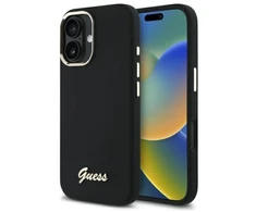 Guess GUHCP16MSMBSLK Apple iPhone 16 Plus 6.7″ juodos spalvos kietas dėklas Silicone Script Metal Logo & Frame