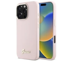 Guess GUHCP16LSMBSLP Apple iPhone 16 Pro 6.3″ rožinės spalvos kietas dėklas Silicone Script Metal Logo & Frame