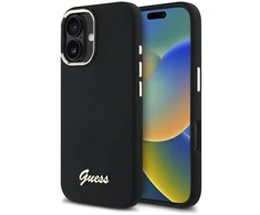 Guess GUHCP16SSMBSLK Apple iPhone 16 6.1″ juodos spalvos kietas dėklas Silicone Script Metal Logo & Frame