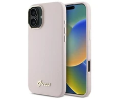 Guess GUHCP16SSMBSLP Apple iPhone 16 6.1″ rožinės spalvos kietas dėklas Silicone Script Metal Logo & Frame