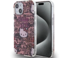 Hello Kitty HKHCP15SHDGPTP iPhone 15 / 14 / 13 6.1″ rožinės spalvos kietas dėklas IML Tags Graffiti