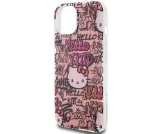 Hello Kitty HKHCP15SHDGPTP Apple iPhone 15 /14 / 13 6.1″ rožinės spalvos kietas dėklas IML Tags Graffiti