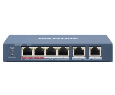 Ausinės Hikvision DS-3E0106HP-E tinklo komutatorius, nevaldomas, „Fast Ethernet“ (10/100), su PoE palaikymu, mėlynos spalvos