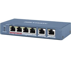 Ausinės Hikvision DS-3E0106HP-E tinklo komutatorius, nevaldomas, „Fast Ethernet“ (10/100), su PoE palaikymu, mėlynos spalvos