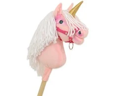 Hobby Horse vienaragis ant lazdos rožinis su balta karčiene ir auksiniu ragu