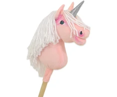 Hobby Horse vienaragis ant lazdos rožinis su balta karčiene ir sidabriniu ragu