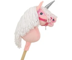 Hobby Horse vienaragis ant lazdos rožinis su balta karčiene ir sidabriniu ragu