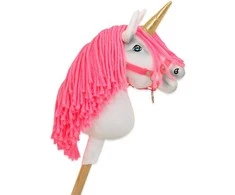 Hobby Horse vienaragis ant lazdos su rožine karčiene ir auksiniu ragu